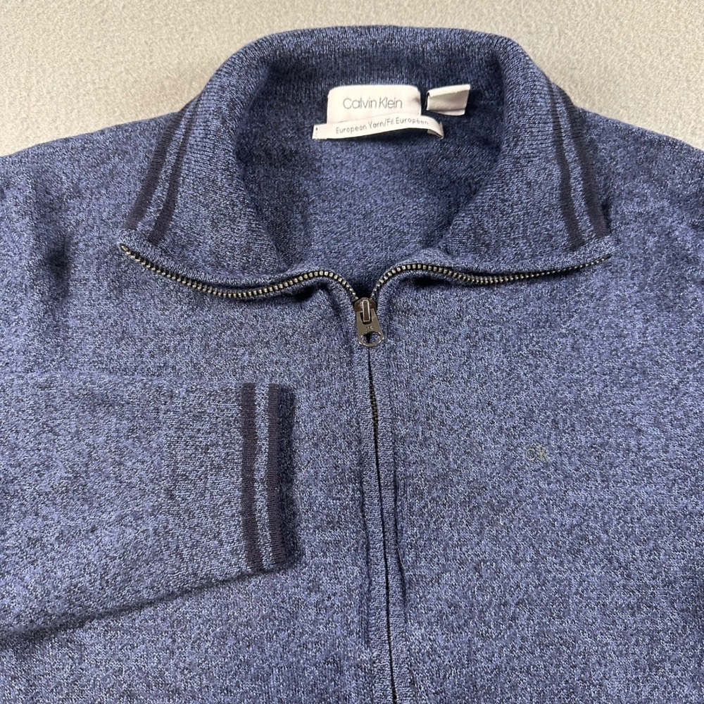Calvin Klein Mens Blue Merino Wool Blend Full Zip Sweater Mock Neck Size M